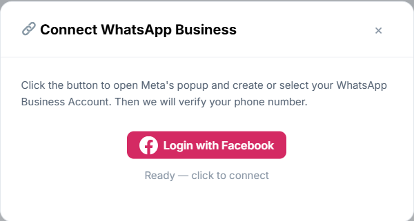 Connect WhatsApp Business screen in Scale with the sign in with Facebook button