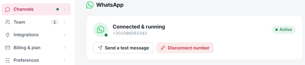 Scale showing a connected and running WhatsApp Business number