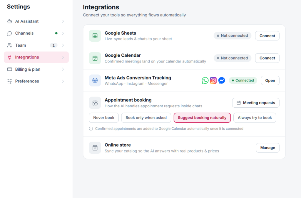 Scale Integrations page showing the Google Sheets Connect button